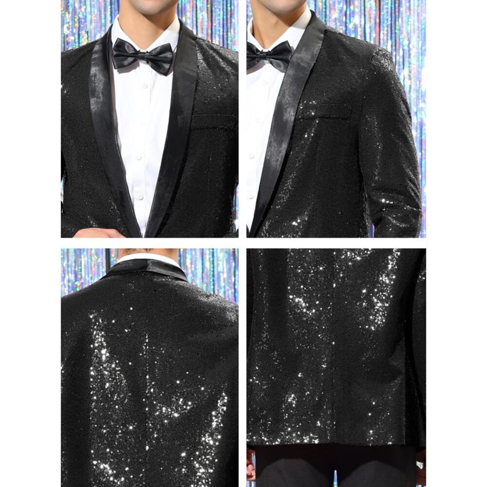 Sequin Sport Coats Shawl Lapel One Button Wedding Shiny Blazer Black - Picture 6 of 6